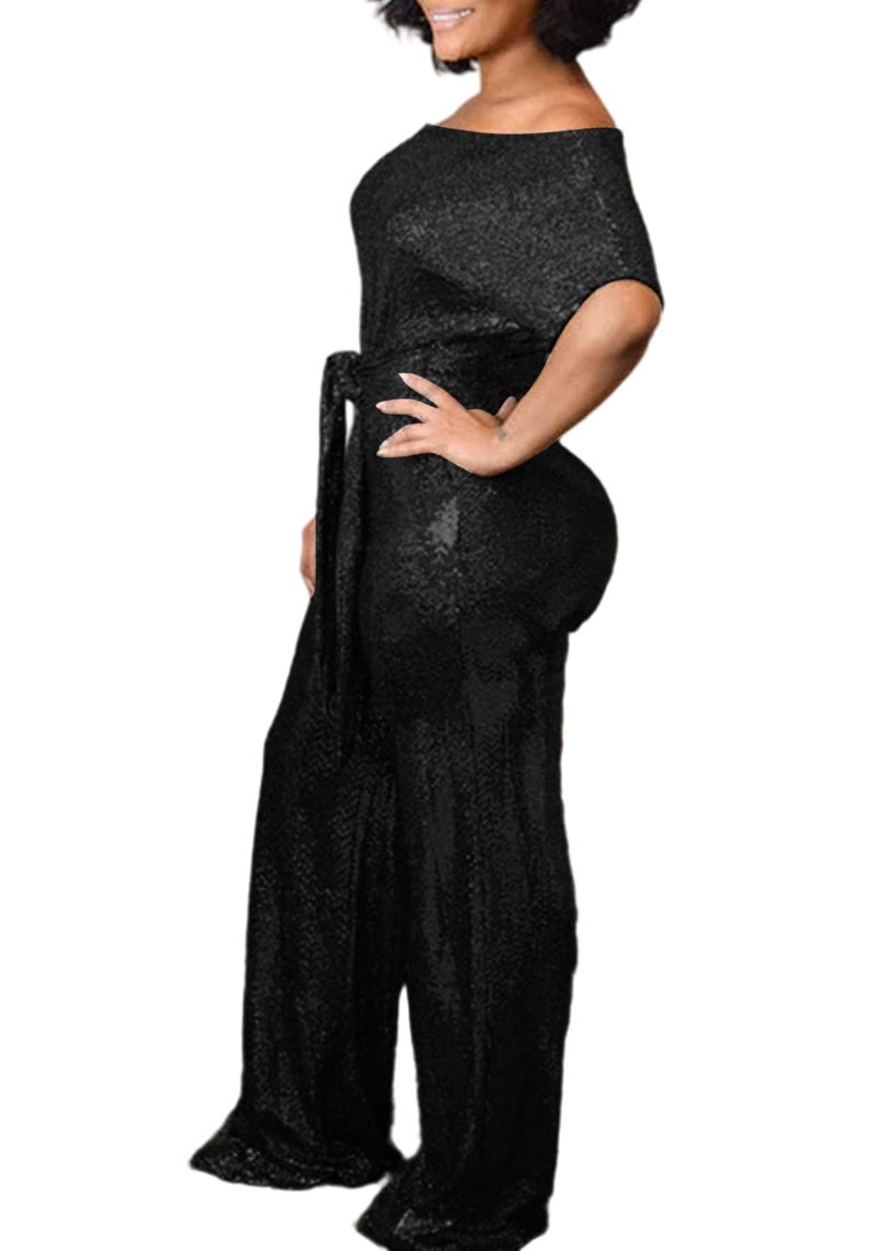 LKOUS Women's Evening Sparkly Jumpsuits Off Shoulder Short Sleeve Party Sequins Rompers High Waisted Wide Leg Pants Suit - Image 3